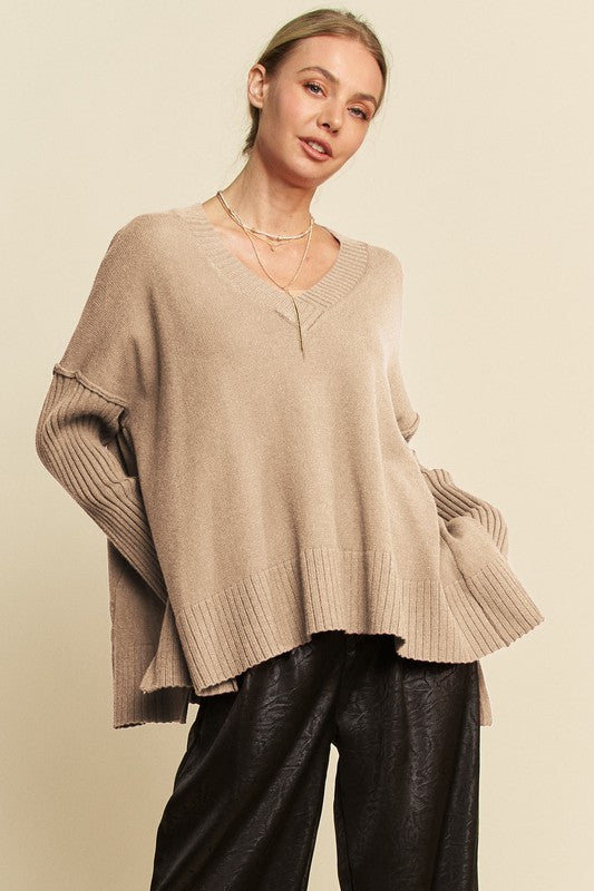 Davi & Dani Ribbed Side Slit V-Neck Sweater - Classique Collection