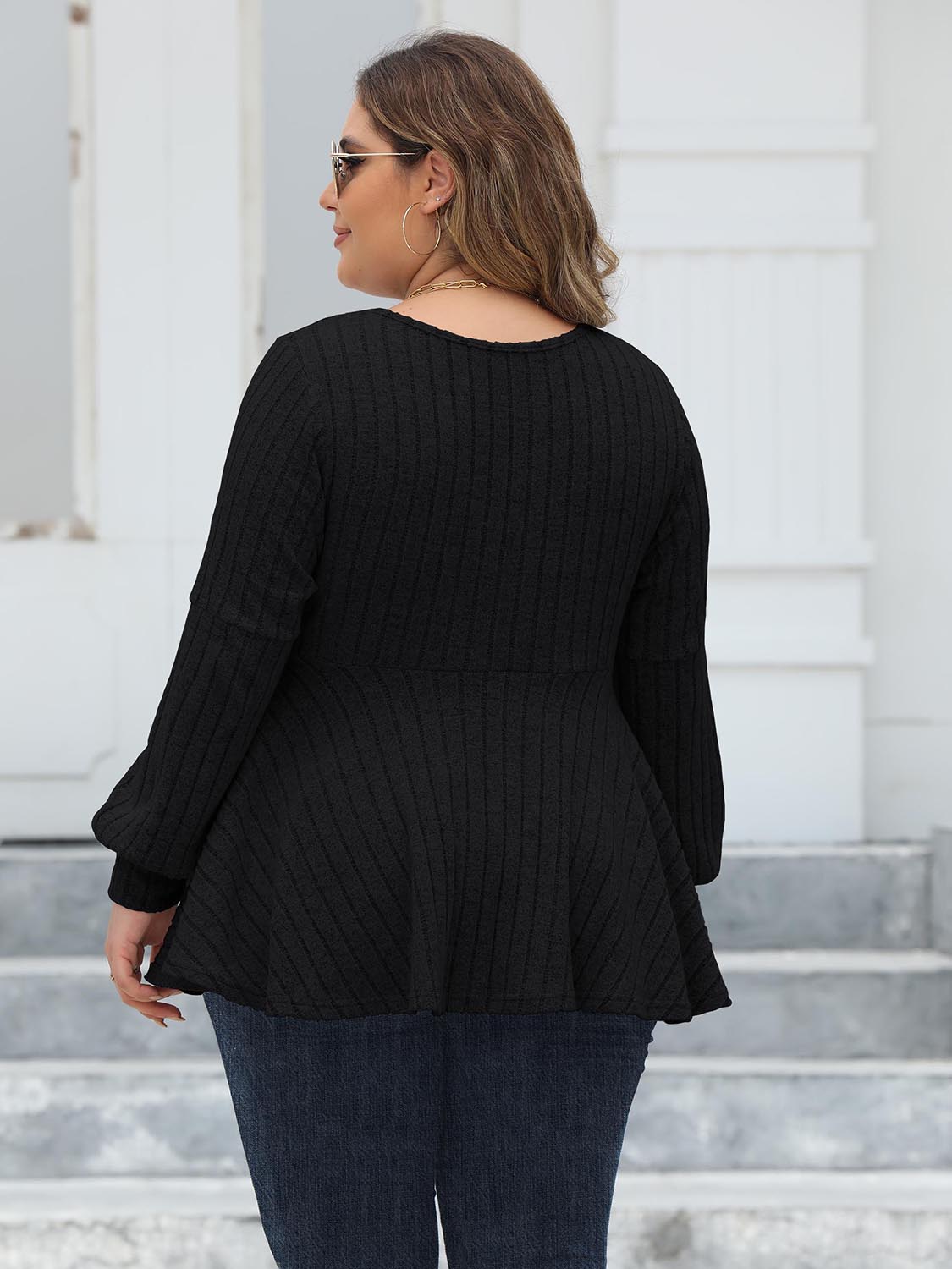 Plus Size Ribbed V-Neck Long Sleeve Blouse - Classique Collection