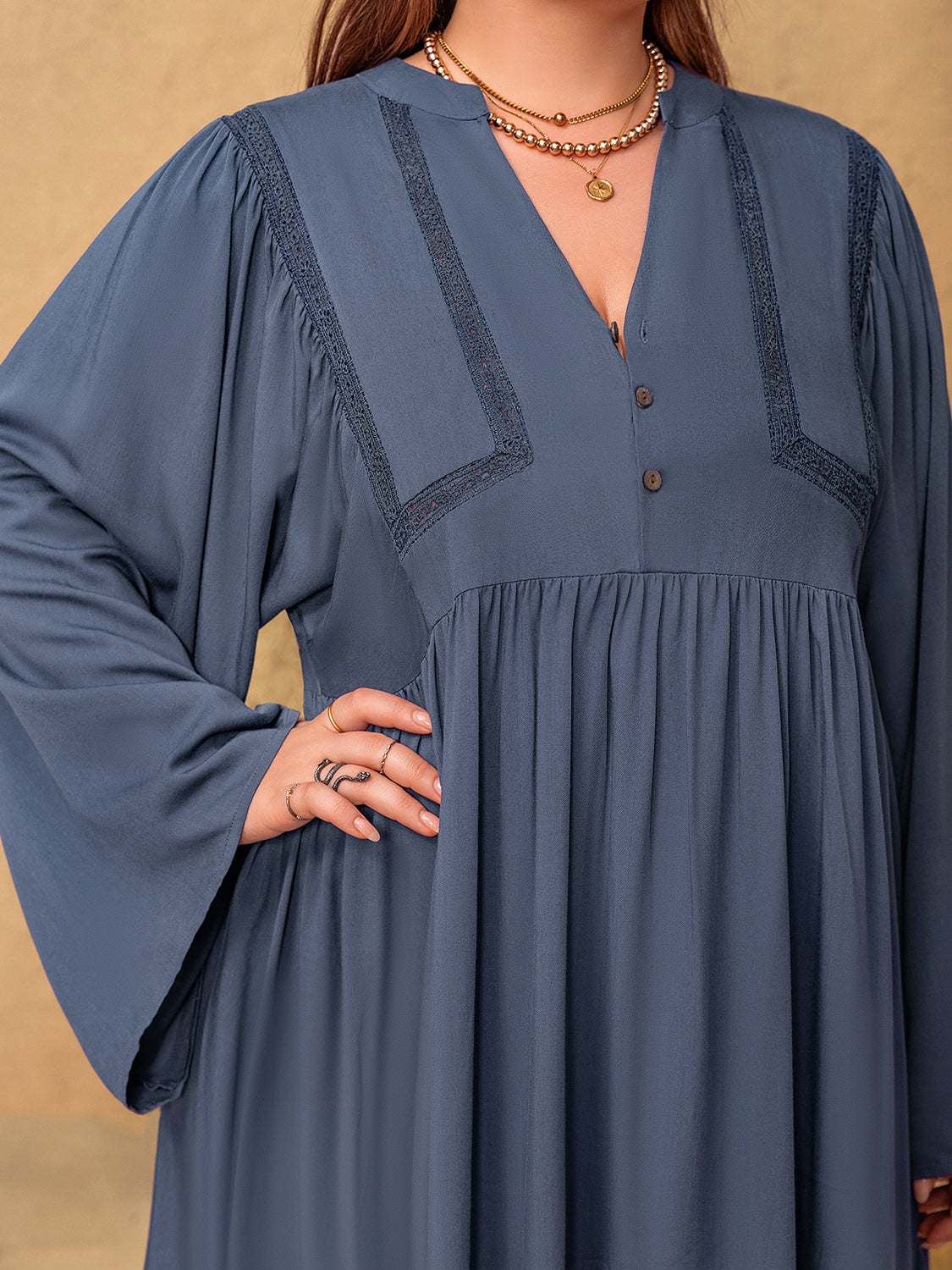 Plus Size Lace Detail Notched Long Sleeve Midi Dress - Classique Collection