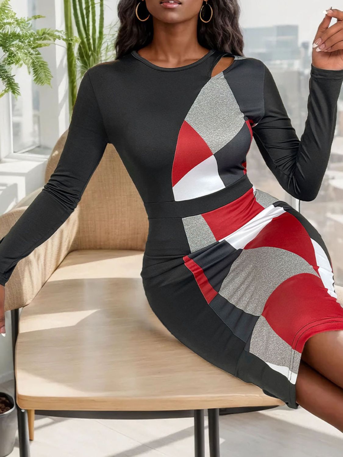 Perfee Cutout Color Block Round Neck Long Sleeve Dress - Classique Collection