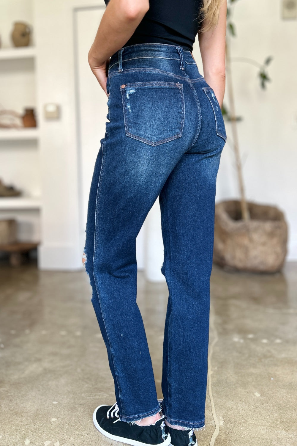 Judy Blue Full Size High Waist Rigid Magic Heavy Destroy Straight Jeans - Classique Collection