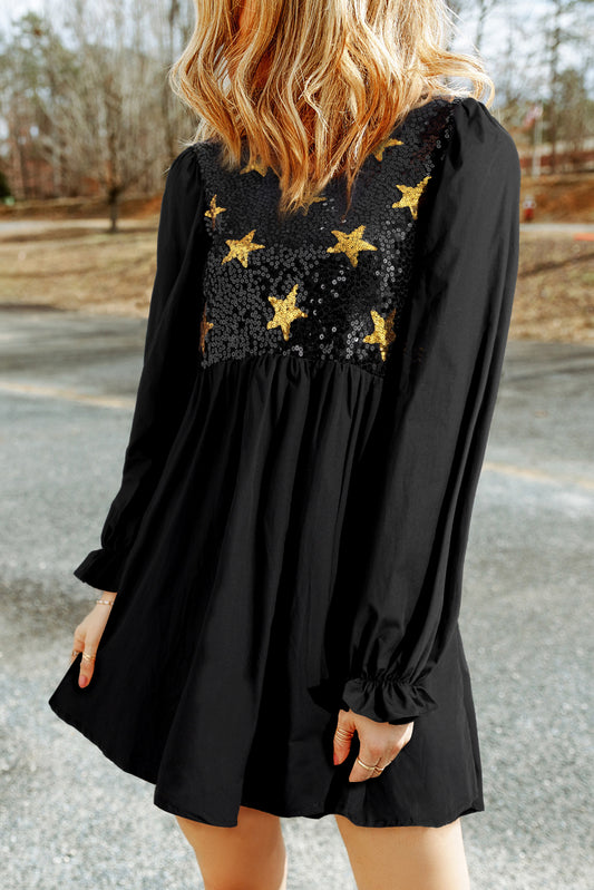 Sequin Star Round Neck Flounce Sleeve Mini Dress - Classique Collection