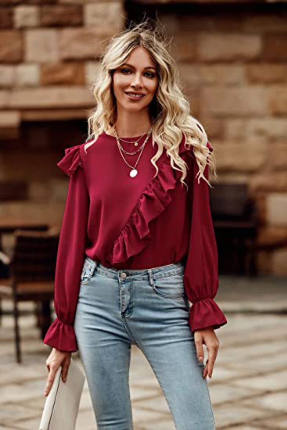 Ruffled Round Neck Long Sleeve Top - Classique Collection