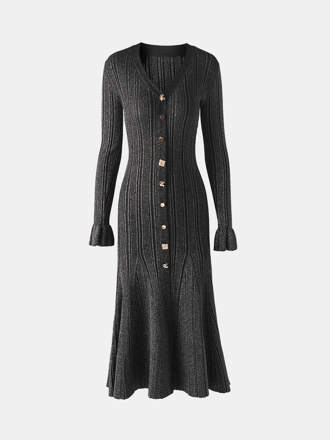 V-Neck Flounce Sleeve Sweater Dress - Classique Collection