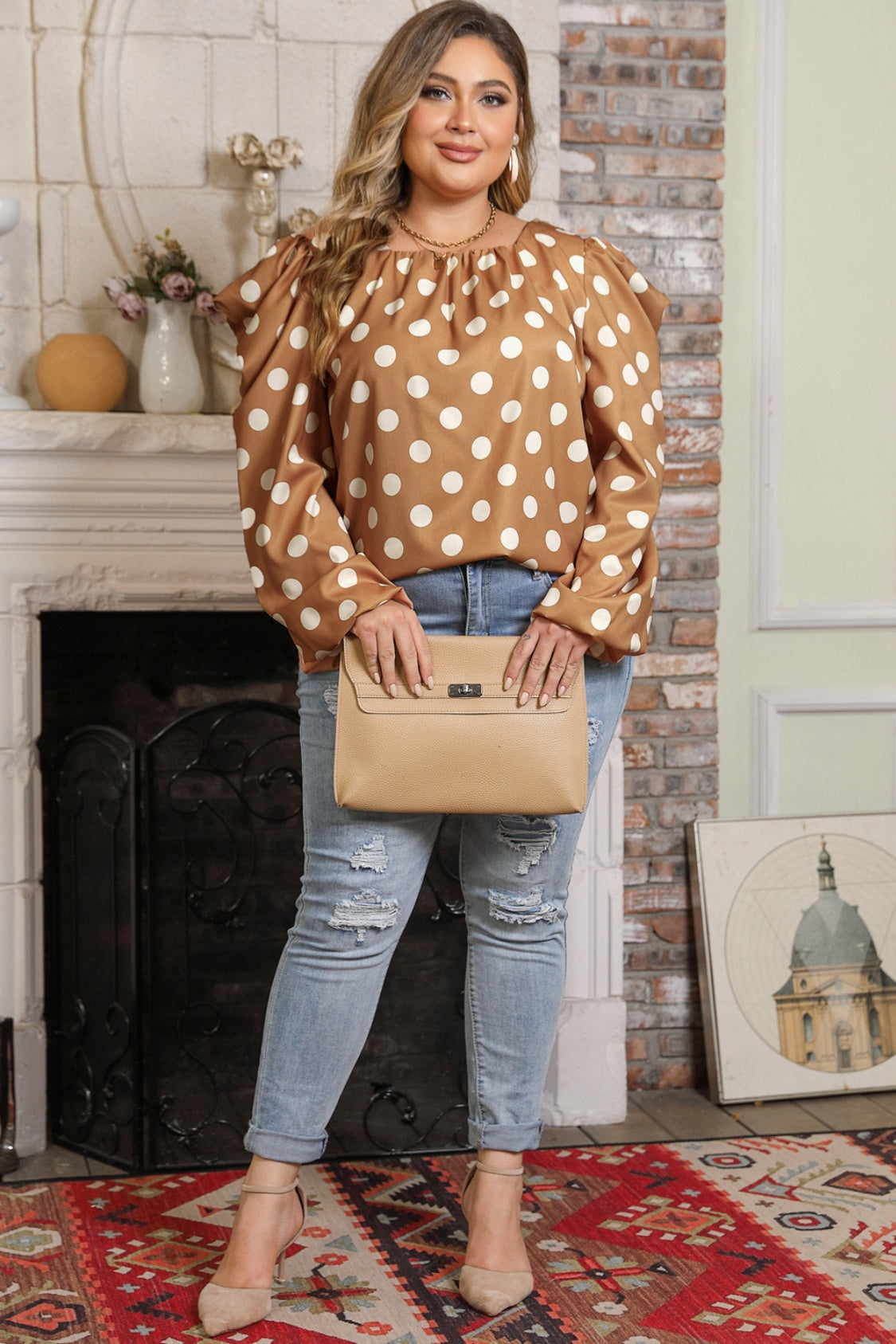Plus Size Polka Dot Long Sleeve Blouse - Classique Collection