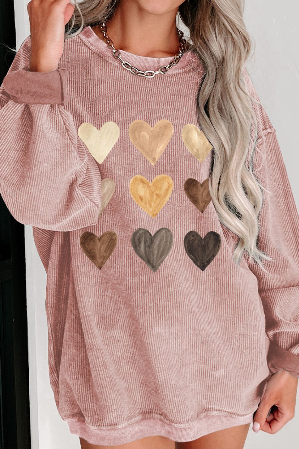 Heart Round Neck Dropped Shoulder Sweatshirt - ClassiQ