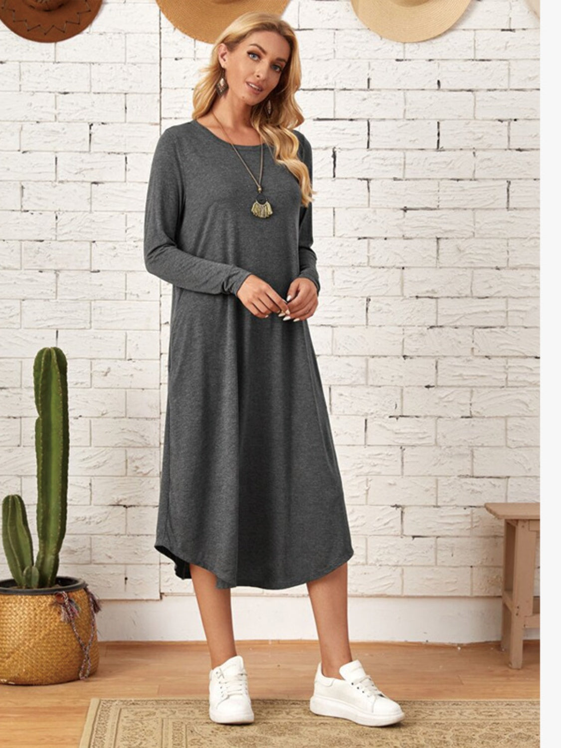 Pocketed Round Neck Long Sleeve Tee Dress - Classique Collection