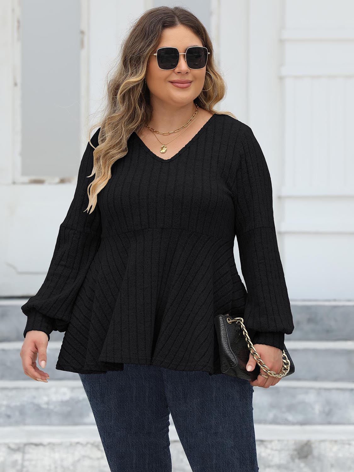Plus Size Ribbed V-Neck Long Sleeve Blouse - Classique Collection