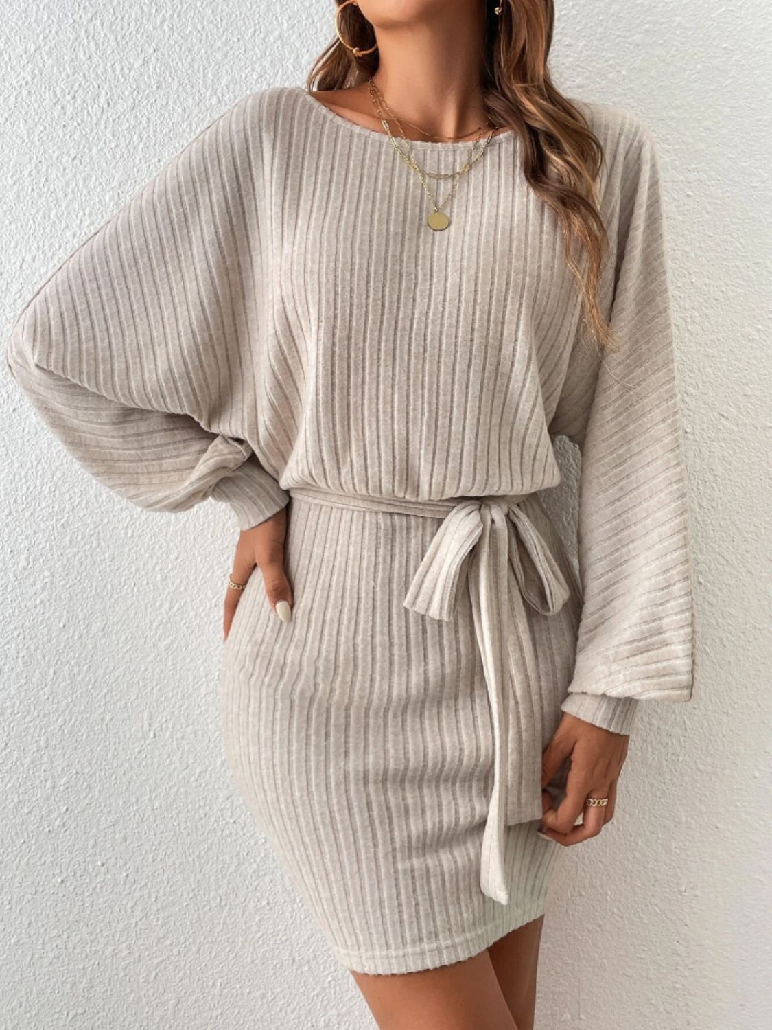 Round Neck Tie Waist Long Sleeve Mini Dress - Classique Collection