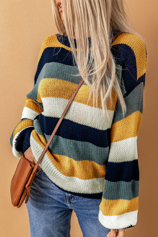 Color Block Round Neck Dropped Shoulder Sweater - ClassiQ