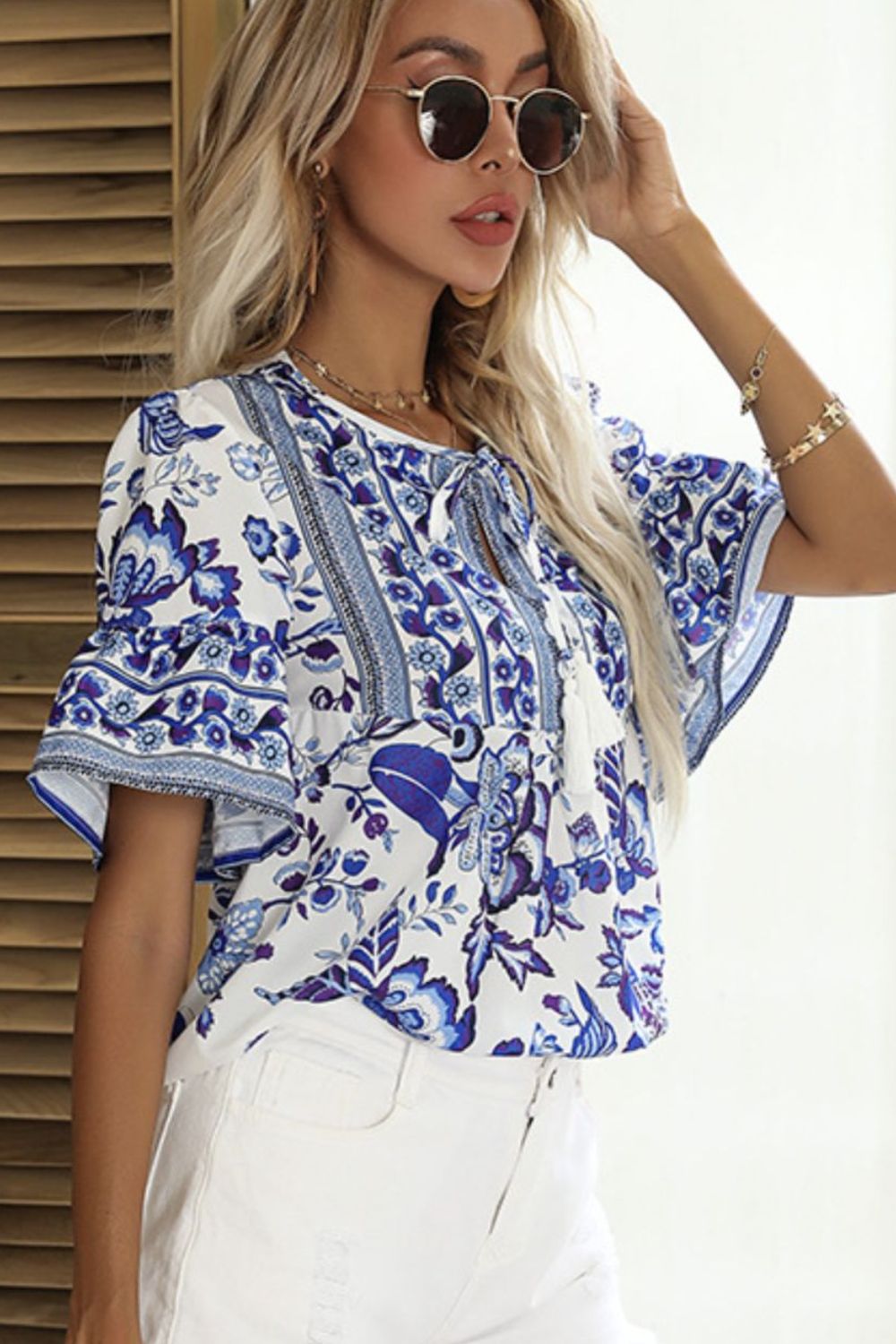 Perfee Printed Buttoned Flounce Sleeve Blouse - Classique Collection