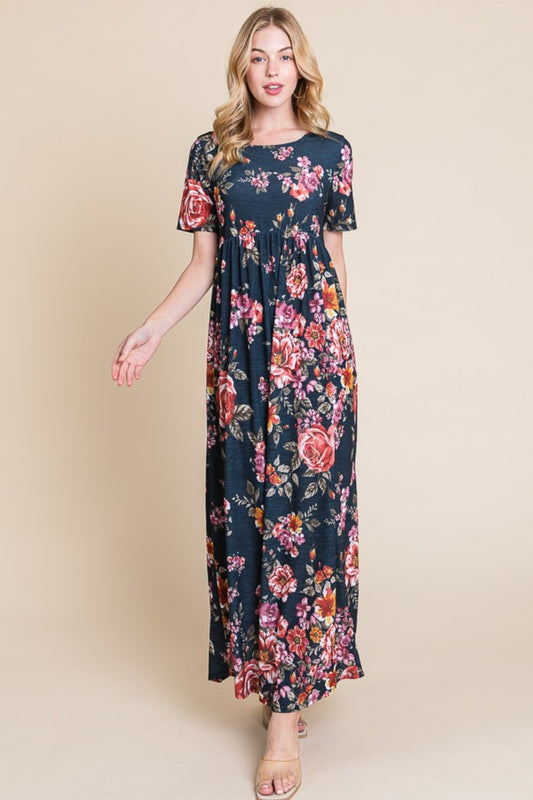 BOMBOM Floral Short Sleeve Maxi Dress - Classique Collection
