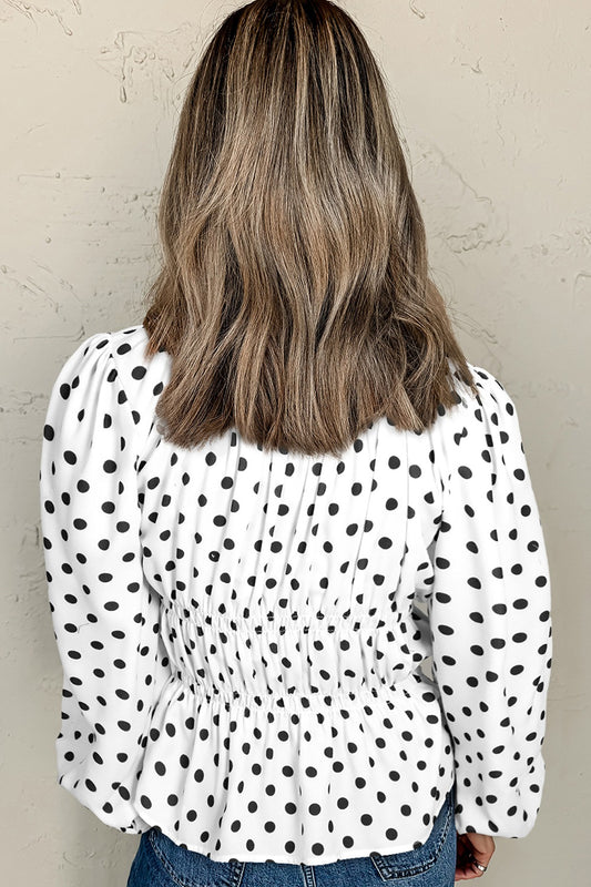 Bow Polka Dot Square Neck Long Sleeve Blouse - ClassiQ