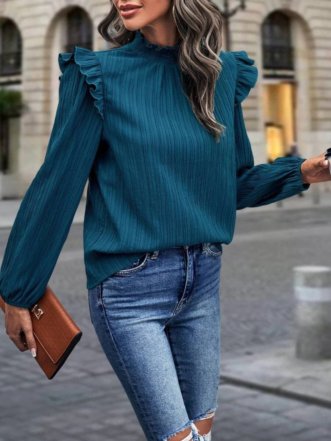 Mock Neck Ruffle Shoulder Blouse - Classique Collection