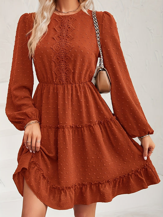 Lace Detail Swiss Dot Round Neck Mini Dress - ClassiQ