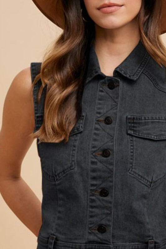 Annie Wear Collared Neck Button Down Denim Vest - ClassiQ