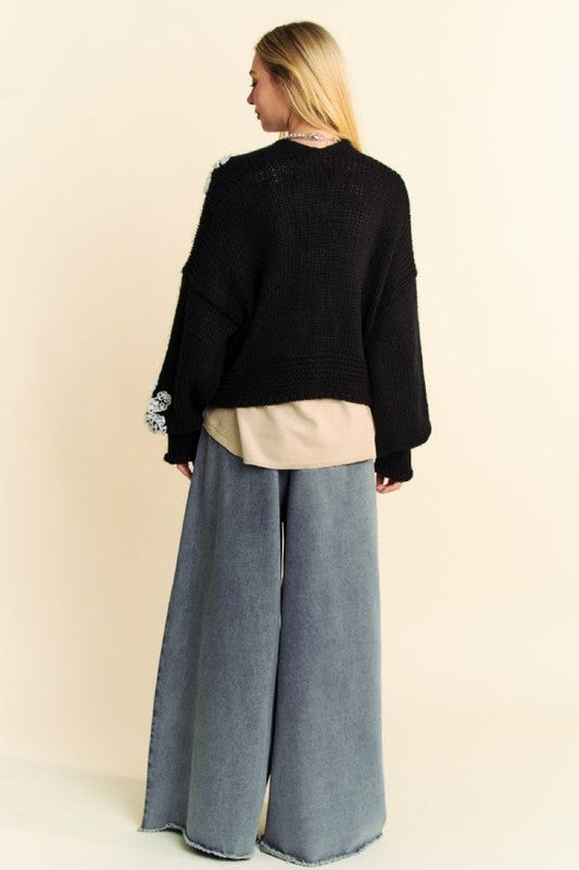 Davi & Dani Floral Applique Open Front Dropped Shoulder Cardigan - ClassiQ