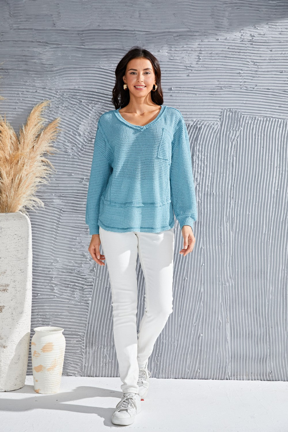Waffle-Knit V-Neck Blouse with Breast Pocket - Classique Collection