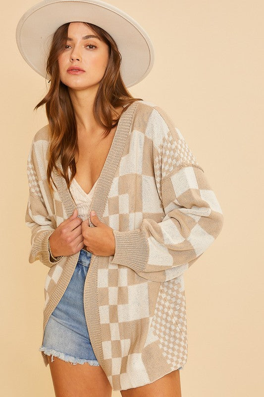 Annie Wear Checkered Open Front Drop Shoulder Cardigan - ClassiQ
