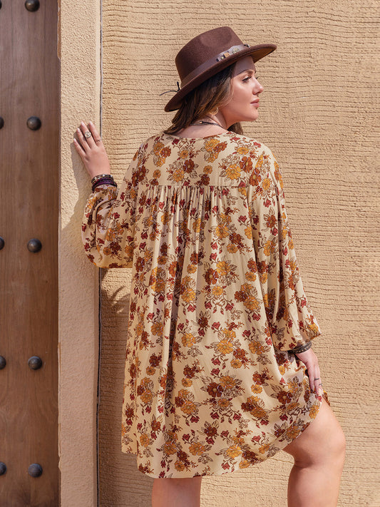 Plus Size Printed V-Neck Balloon Sleeve Mini Dress - Classique Collection