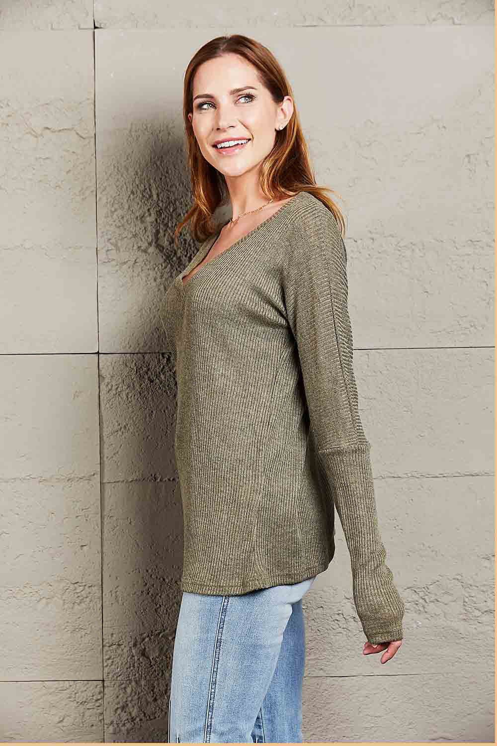 V-Neck Long Sleeve Ribbed Top - Classique Collection
