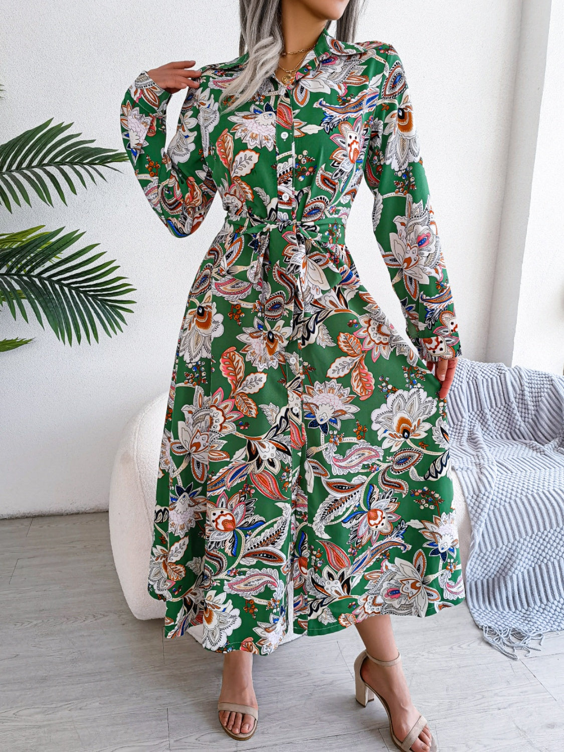 Tied Printed Long Sleeve Midi Dress - Classique Collection