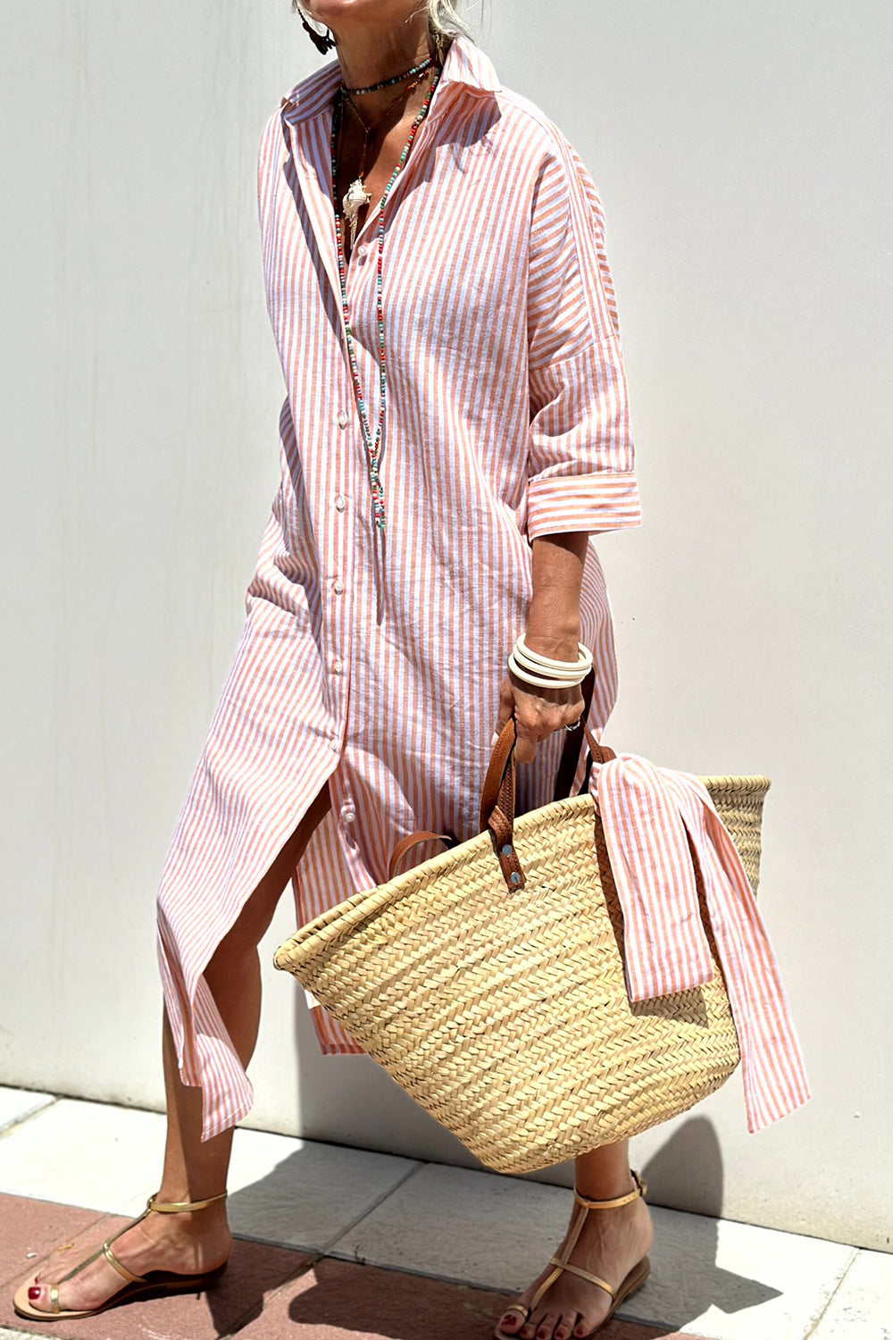 Tied Button Up Three-Quarter Sleeve Dress - Classique Collection