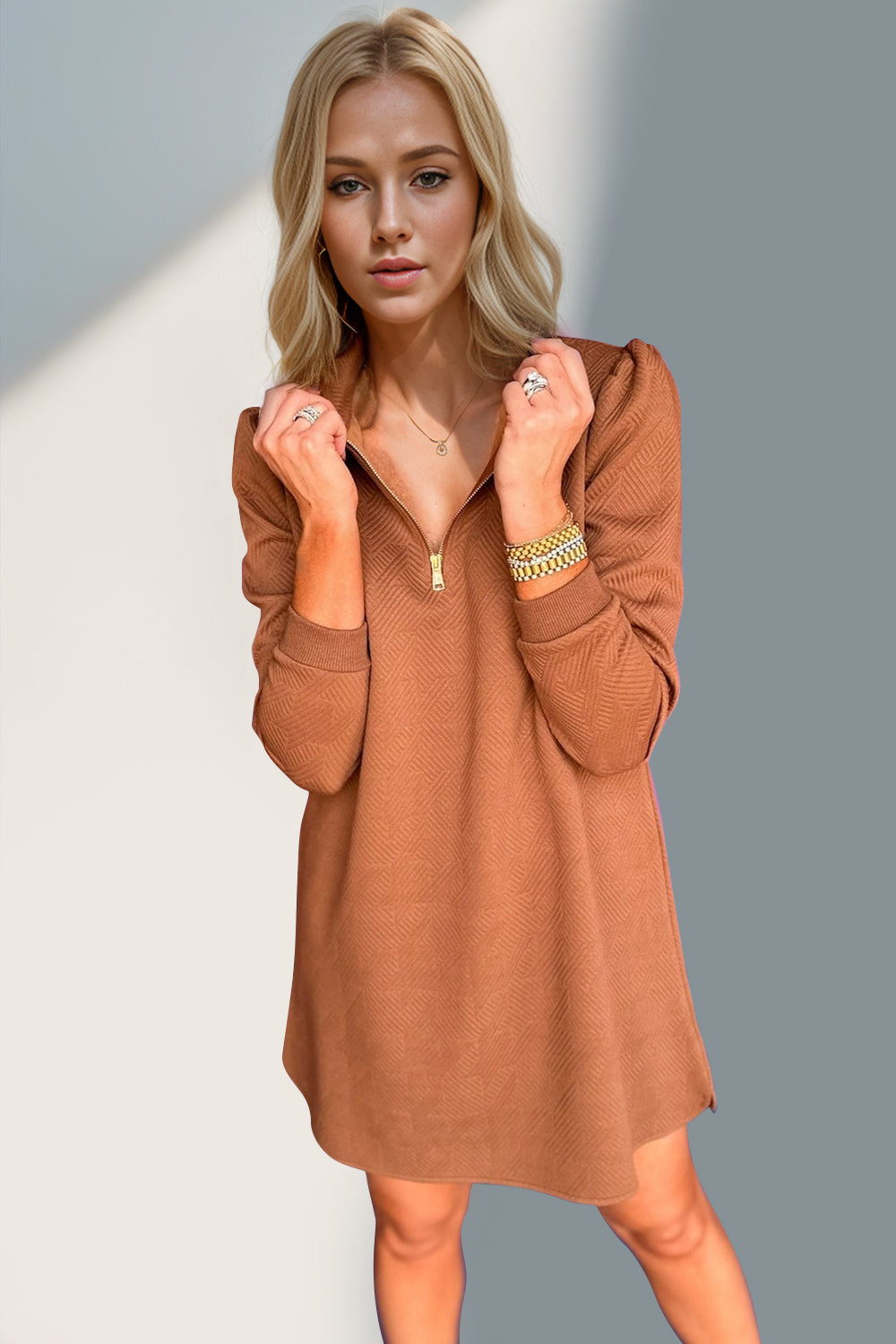 Double Take Textured Quarter Zip Long Sleeve Dress - Classique Collection