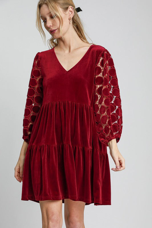 Umgee Dotted Lace Sleeve Tiered Velvet Mini Dress - Classique Collection