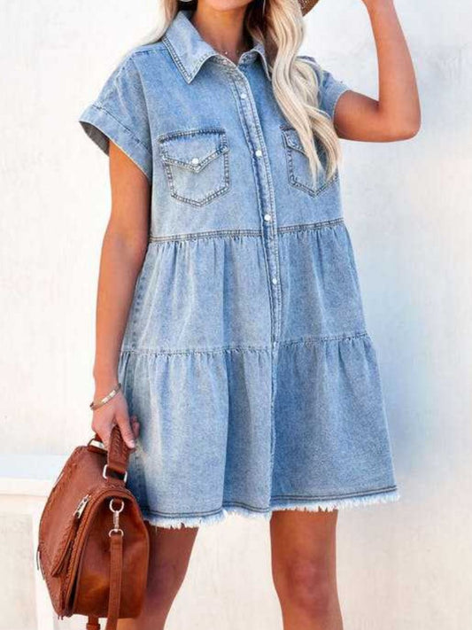 Raw Hem Short Sleeve Denim Dress - Classique Collection