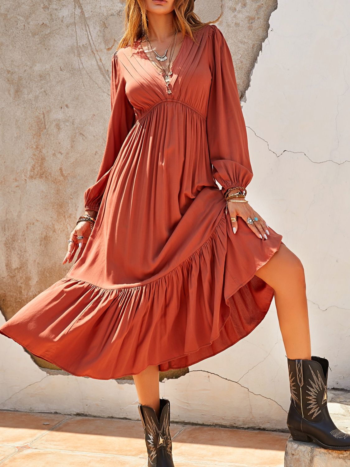 Ruched V-Neck Long Sleeve Midi Dress - Classique Collection