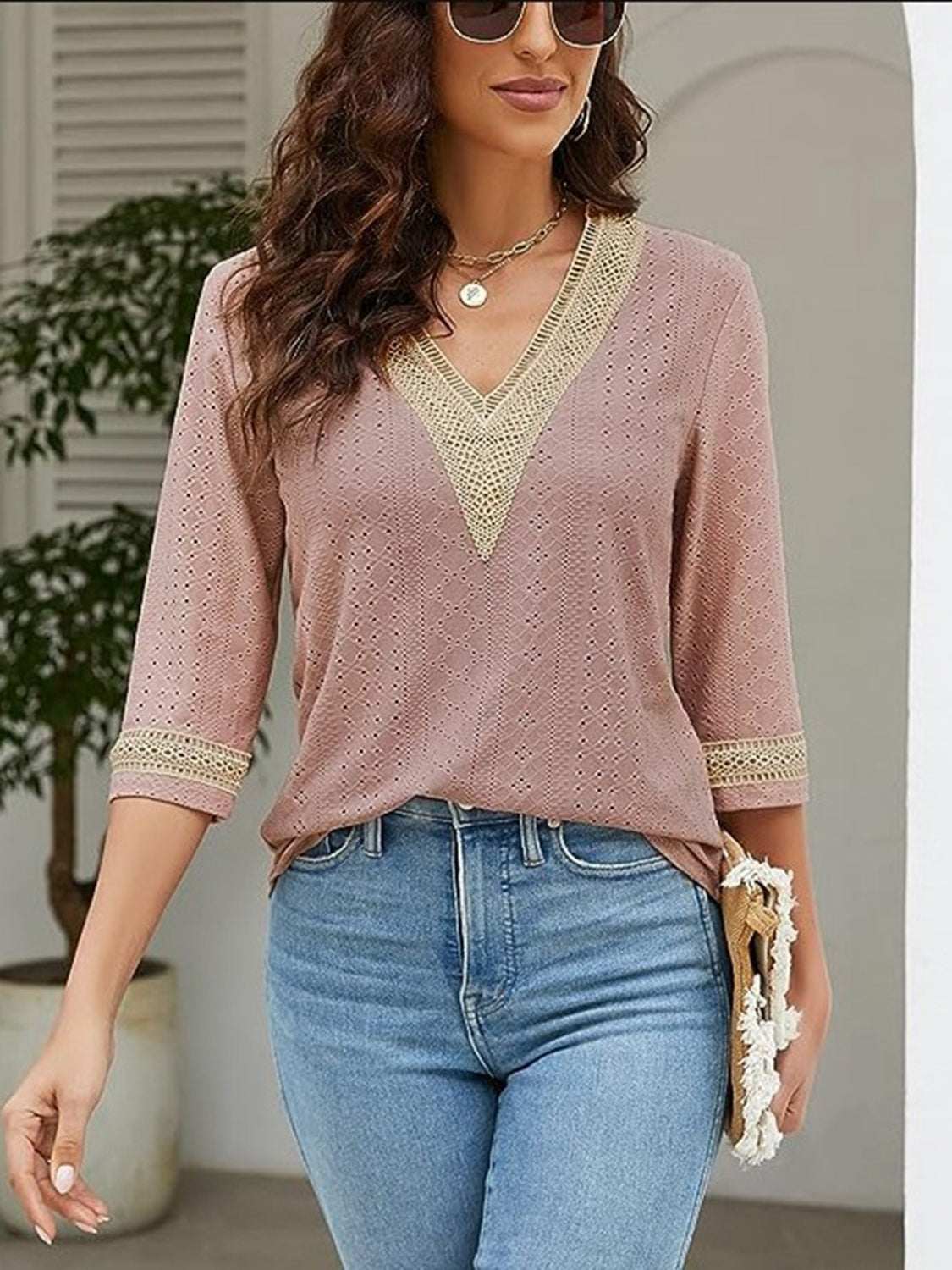 V-Neck Eyelet Blouse - Classique Collection