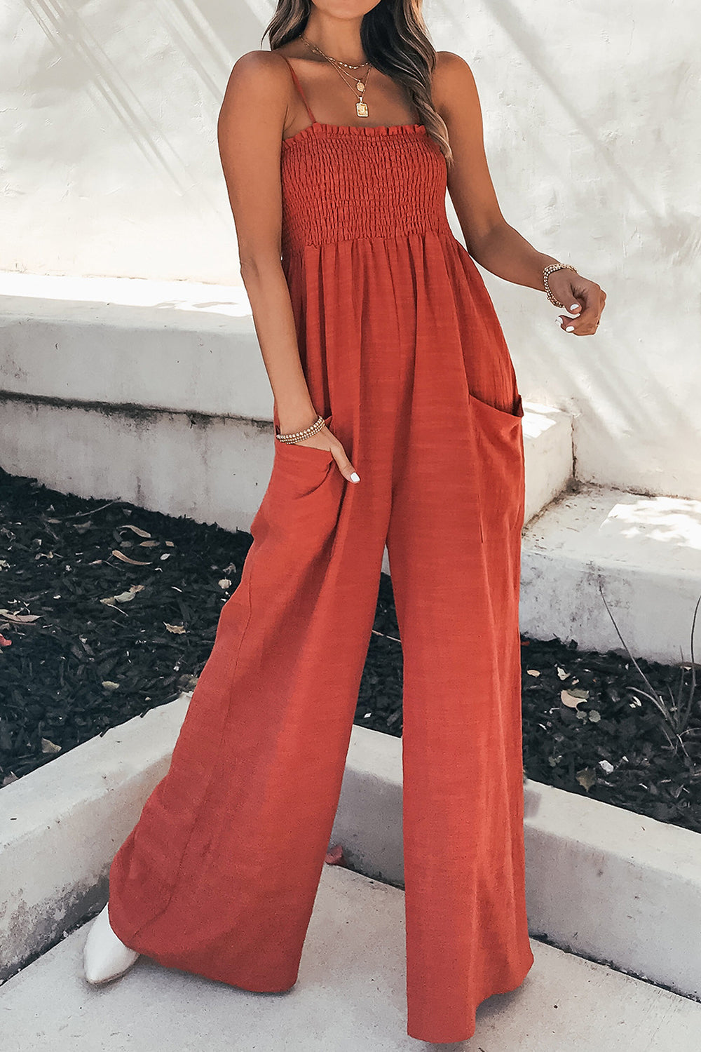 Smocked Spaghetti Strap Wide Leg Jumpsuit - ClassiQ