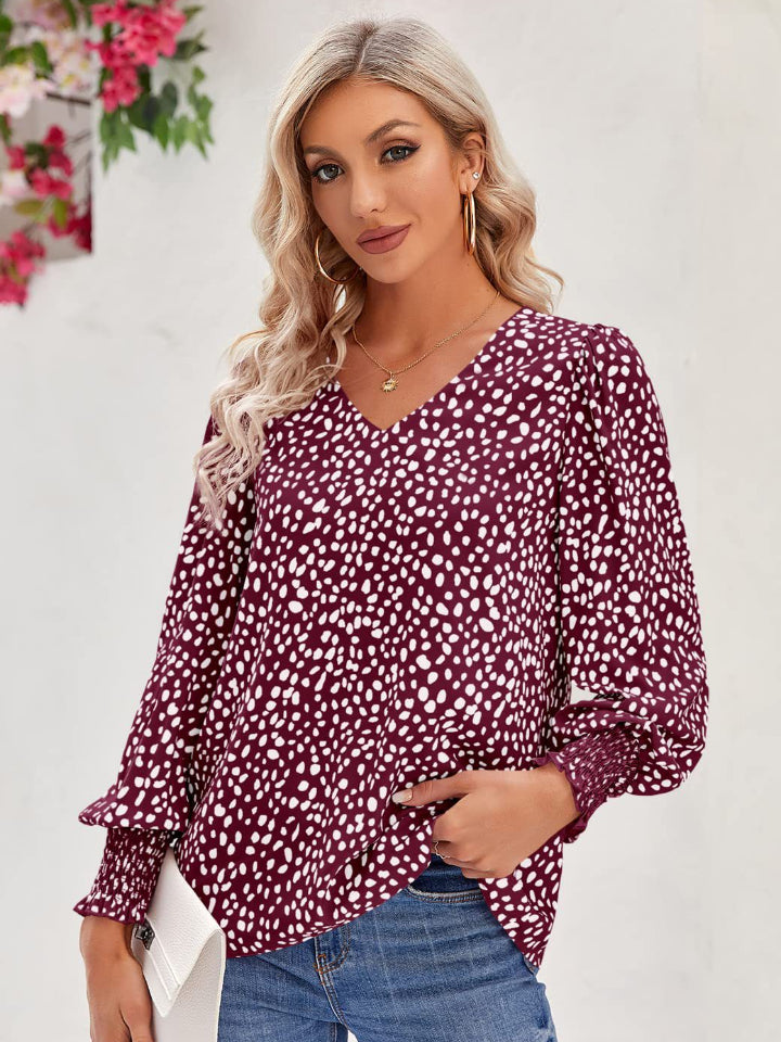 Printed V-Neck Lantern Sleeve Blouse - Classique Collection