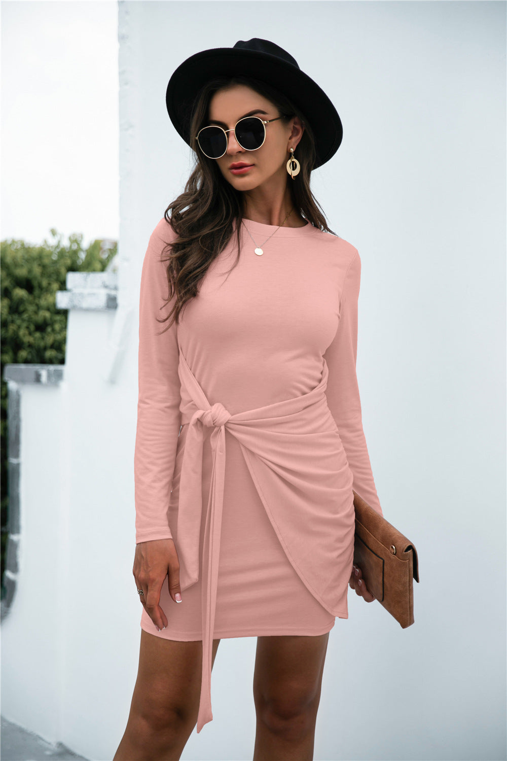Tied Round Neck Long Sleeve Mini Dress - Classique Collection