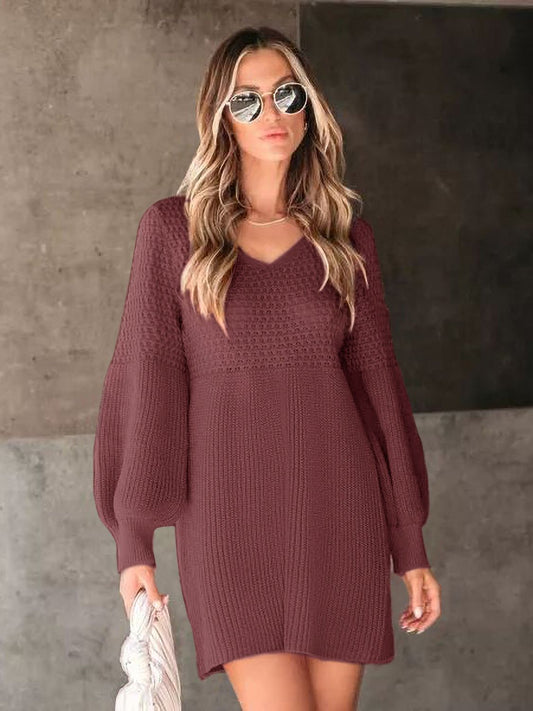 Perfee V-Neck Long Sleeve Sweater Dress - Classique Collection