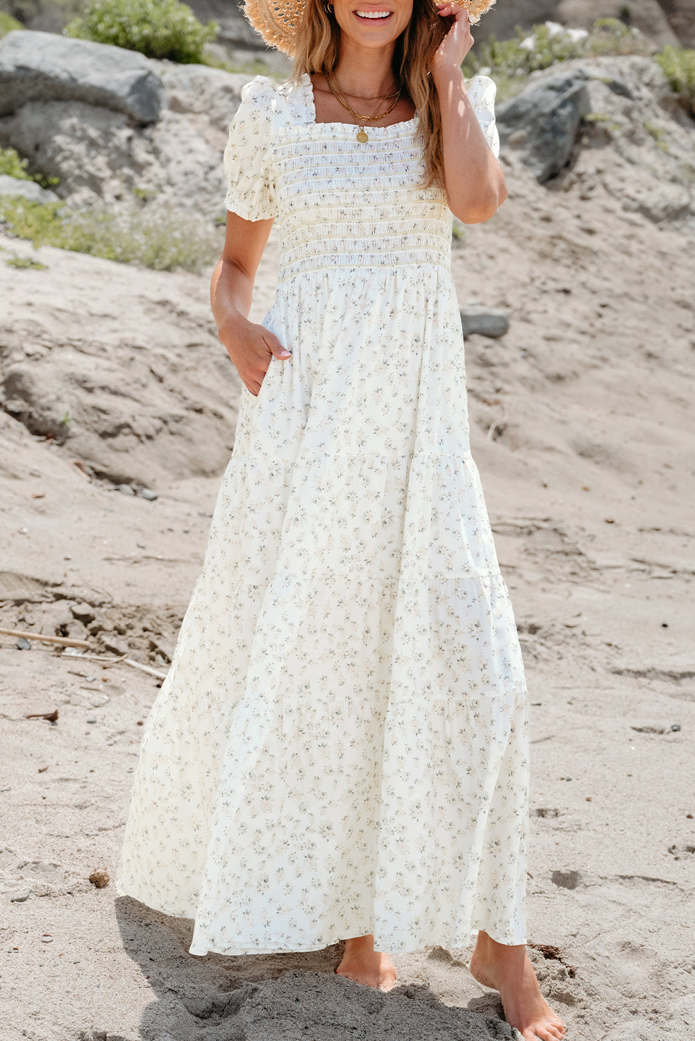 White Frilly Shirred Bodice Tiered Floral Maxi Dress ClassiQ