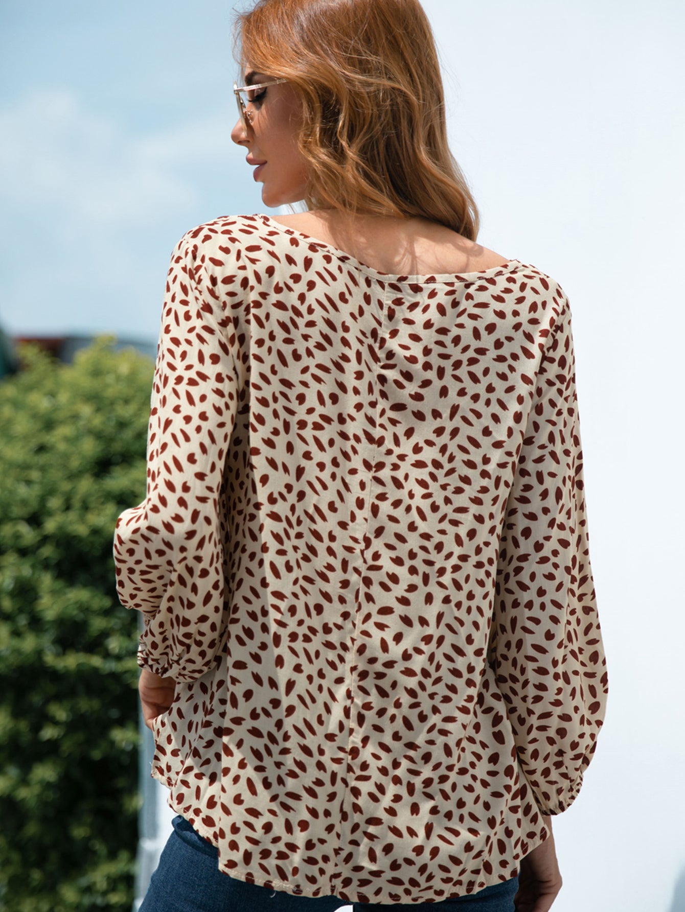 Printed V-Neck Balloon Sleeve Blouse - ClassiQ