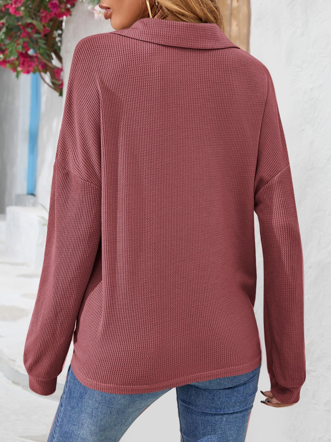 Half Button Collared Neck Long Sleeve Top - Classique Collection