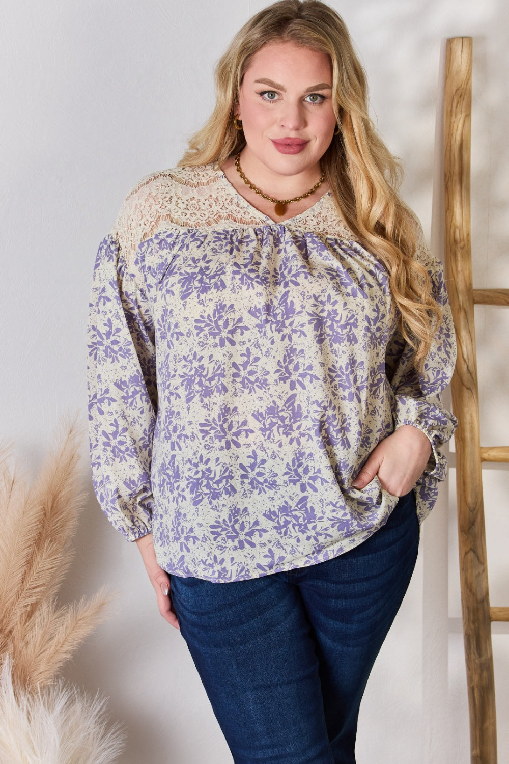 Hailey & Co Full Size Lace Detail Printed Blouse - Classique Collection