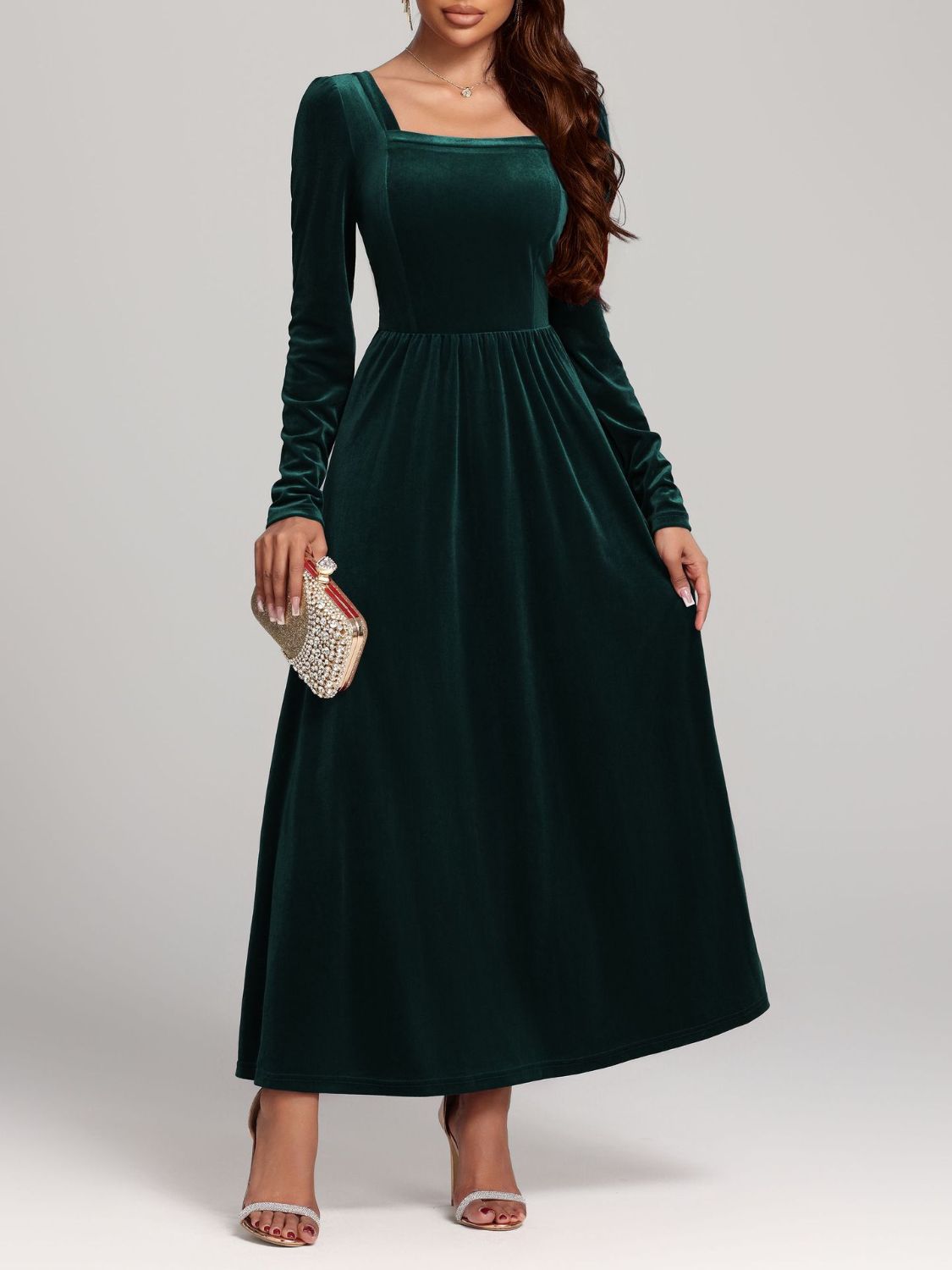 Velvet Square Neck Long Sleeve Dress - Classique Collection
