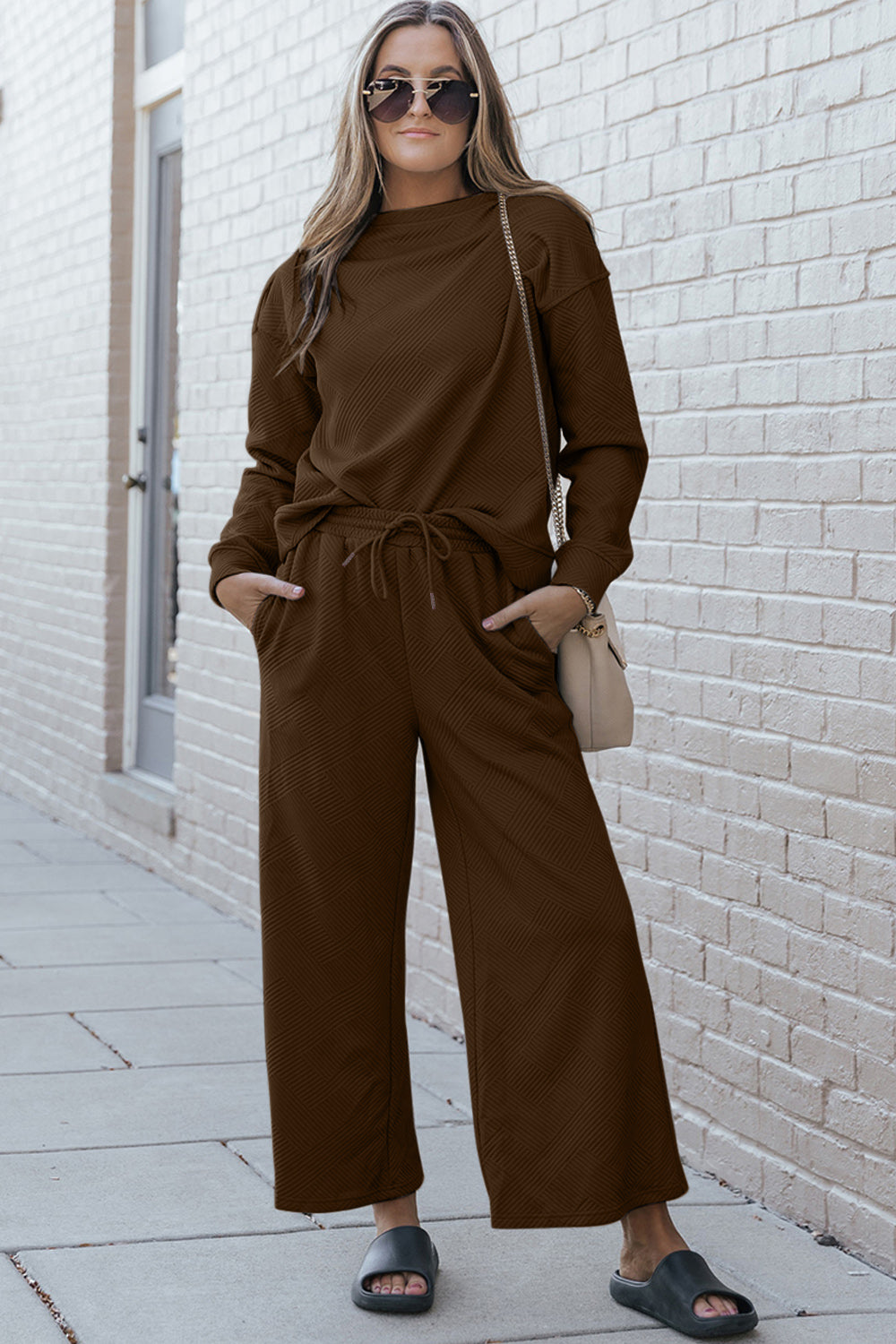 Double Take Full Size Textured Long Sleeve Top and Drawstring Pants Set - ClassiQ