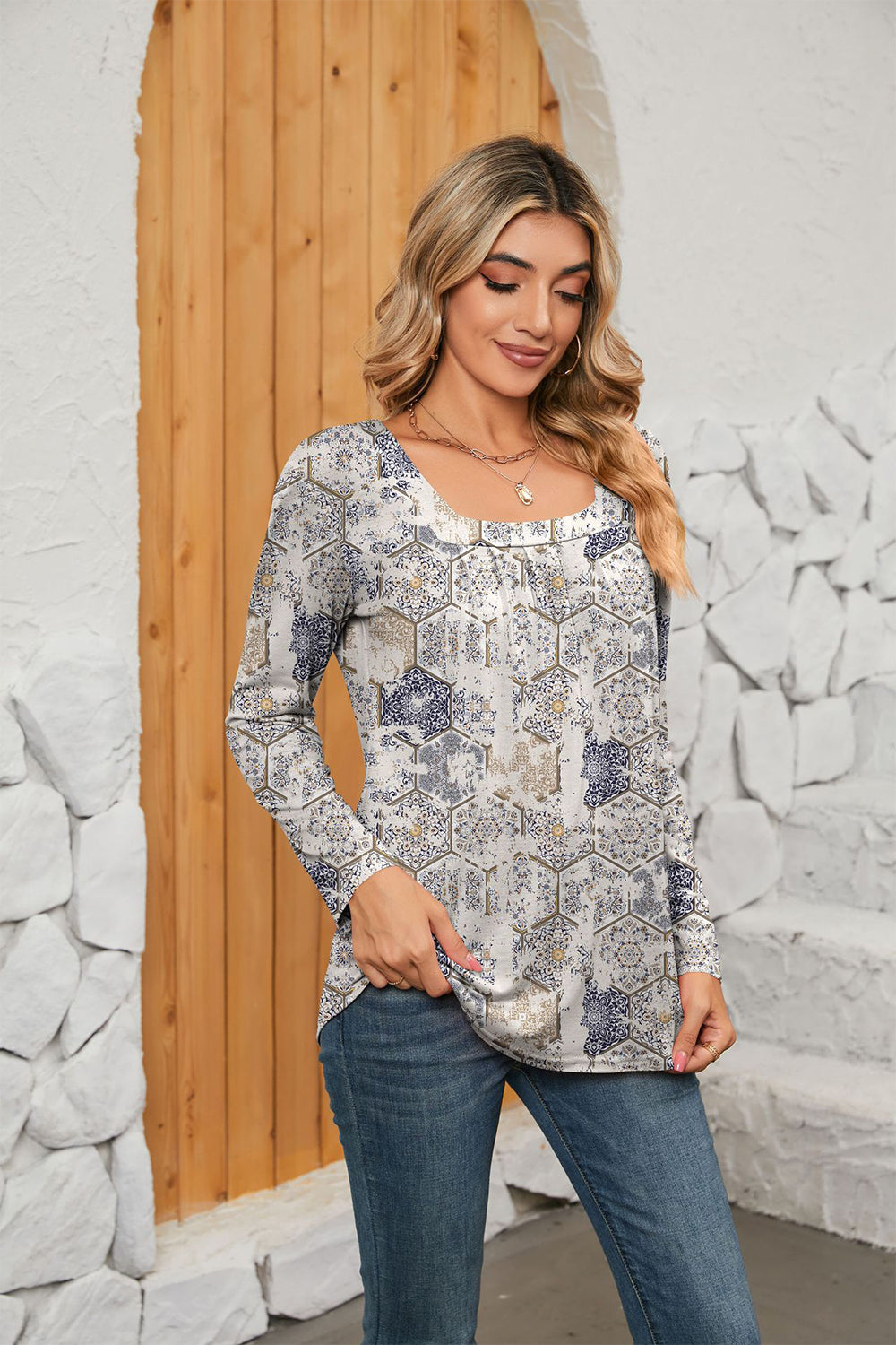 Printed Square Neck Long Sleeve Blouse - Classique Collection