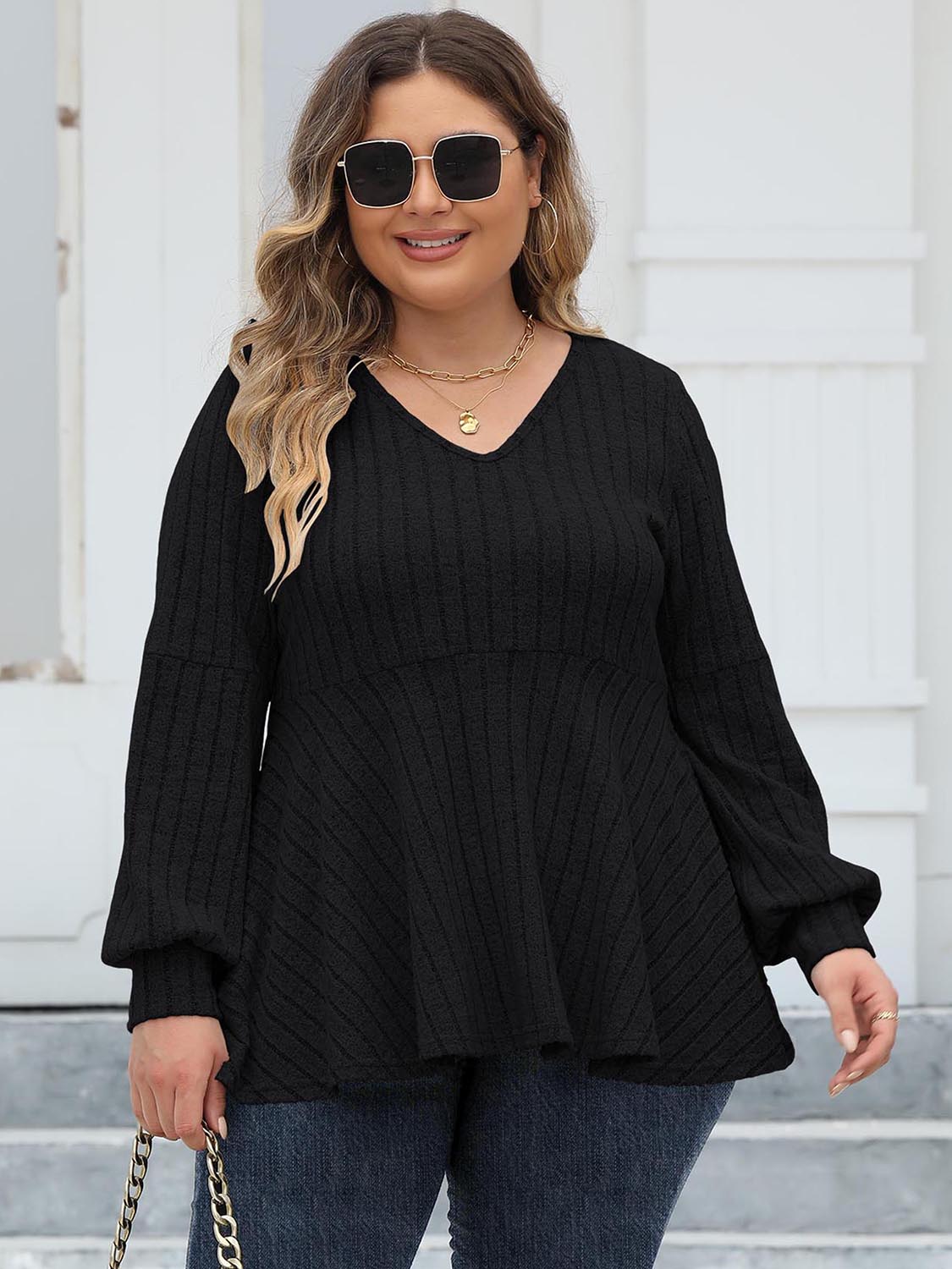 Plus Size Ribbed V-Neck Long Sleeve Blouse - Classique Collection