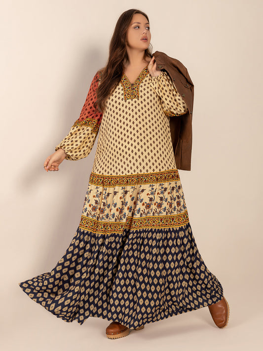 Plus Size Printed V-Neck Long Sleeve Maxi Dress - Classique Collection