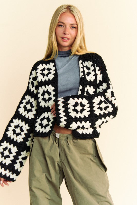 Davi & Dani Full Size Two Tone Flower Square Crochet Open Front Cardigan - ClassiQ