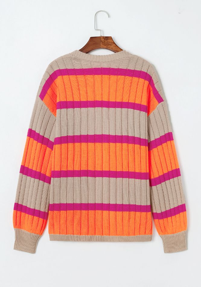 Contrast Striped Drop Shoulder Open Front Cardigan - ClassiQ