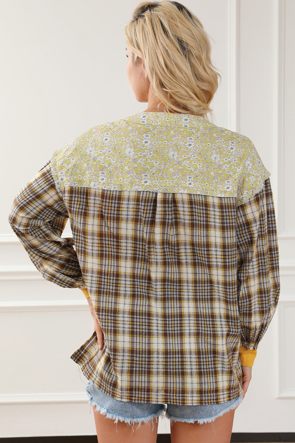 Plaid Notched Neck Slit Blouse - Classique Collection