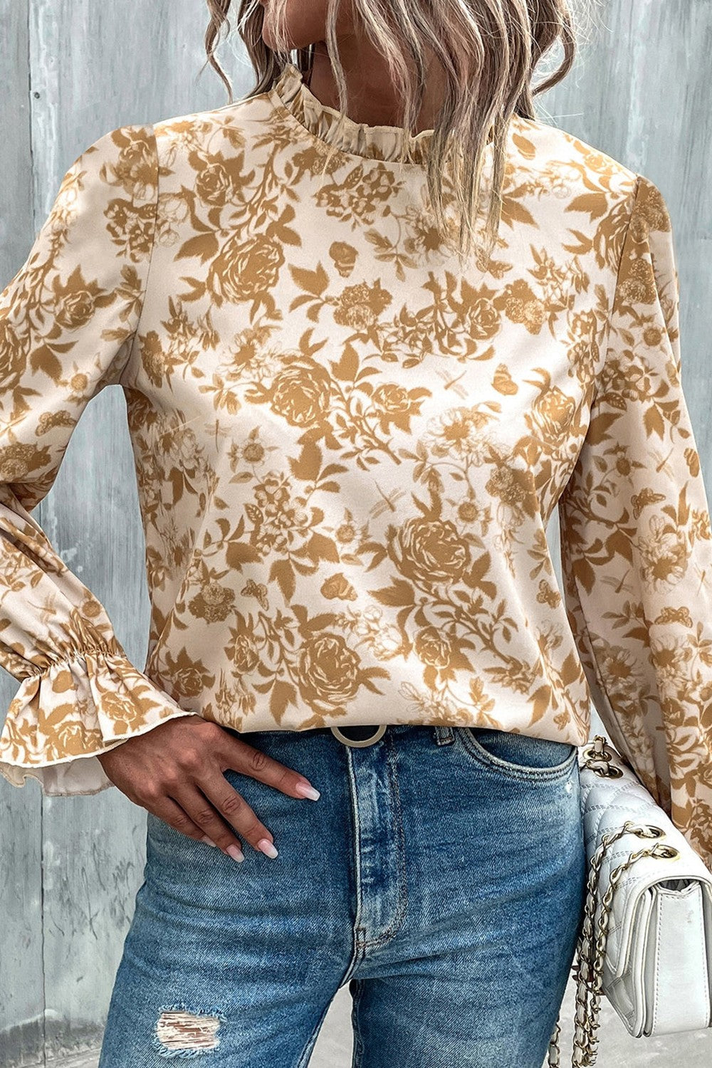 Floral Print Mock Neck Flounce Sleeve Blouse - Classique Collection