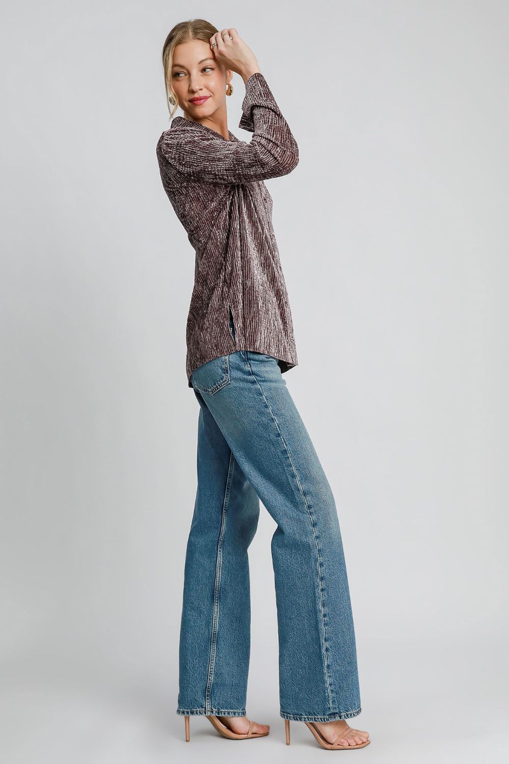 Umgee Side Slit Texture Button Up Shirt - Classique Collection
